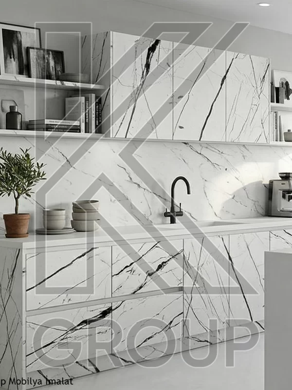 Toros Beyaz Mermer Mutfak Dolabı | HighGloss Panel Kapak