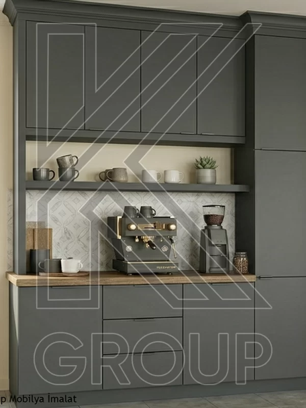 Kahve Köşesi Mutfak Dolabı | Antrasit Mdflam ve Suntalam Kapak