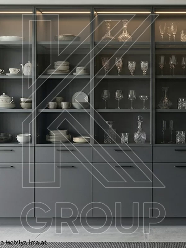 Vitrin Mutfak Dolabı | Antrasit Mdflam ve Suntalam Kapak